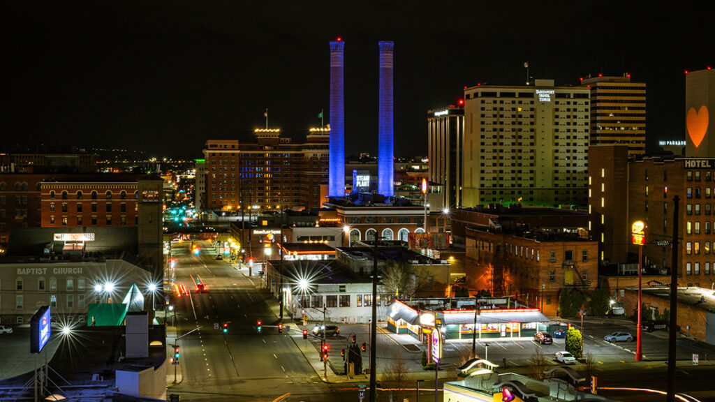 Downtown Spokane at night.