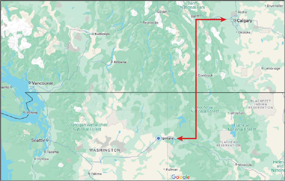 A colored map showing portions Washington, Idaho, British Columbia, Canada and Alberta, Canada with an arrow between Spokane and Calgary illustrating the cross-border supply chain.