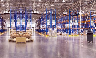 Typical storage, warehouse interior. Selective focus. Wide panoramic collage. Industrial background.