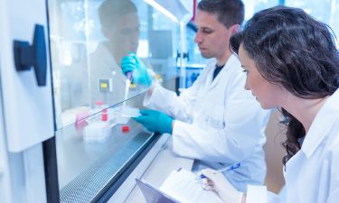 Science students using pipette in the lab